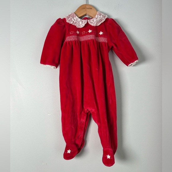 First Impressions Footed Sleeper Red Lace Smocking Y2K Girls 3-6M Baby - Picture 1 of 8